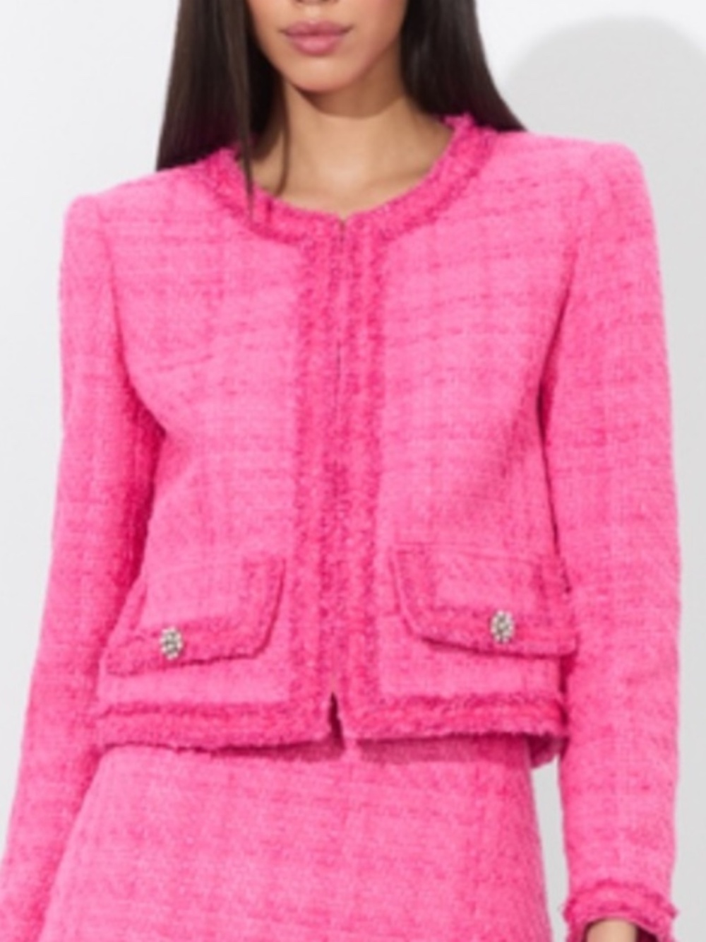 Alice + Olivia Landon Cropped Tweed Jacket In Wild Pink - Picture 3 of 8